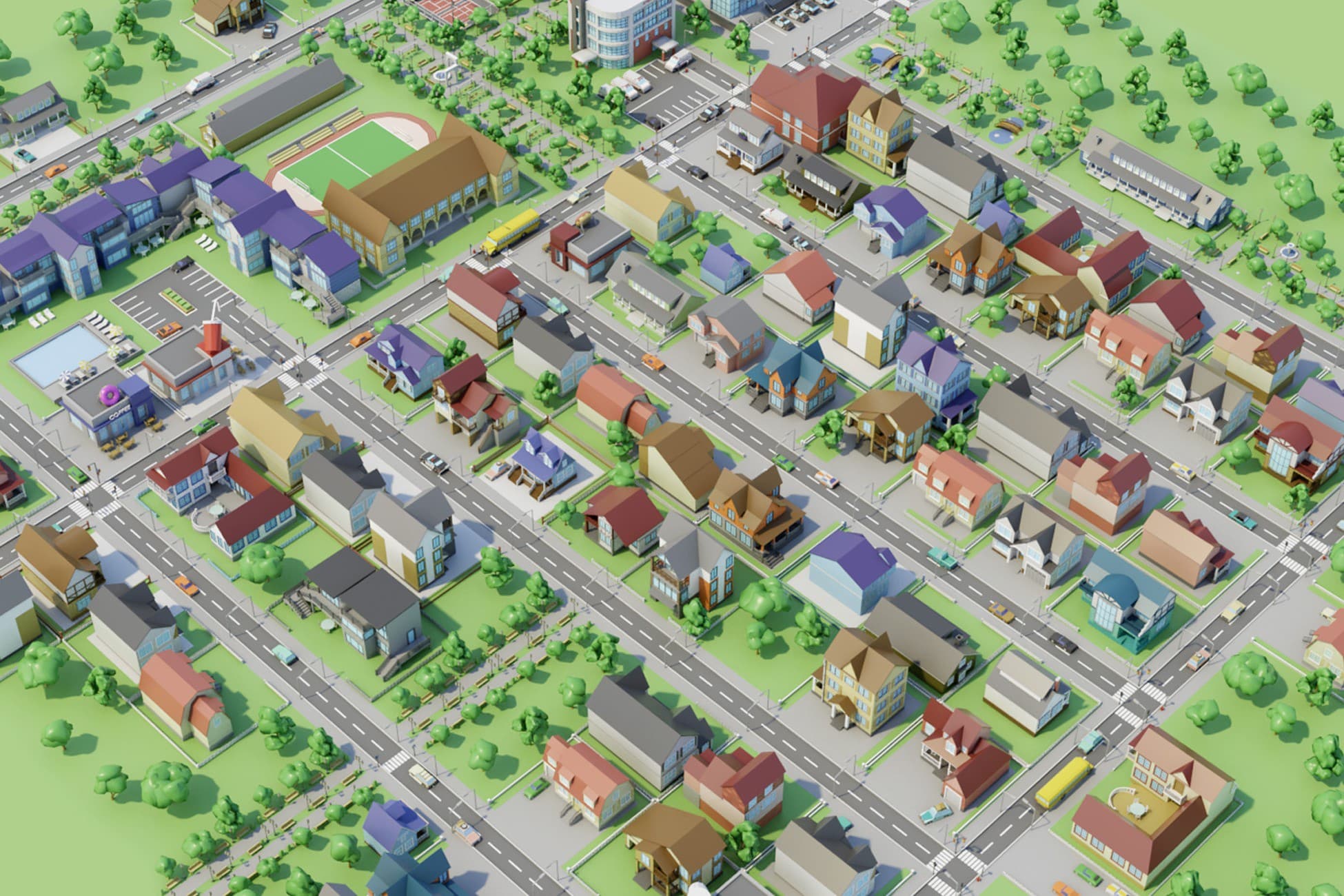 City 3d low poly 15 private houses