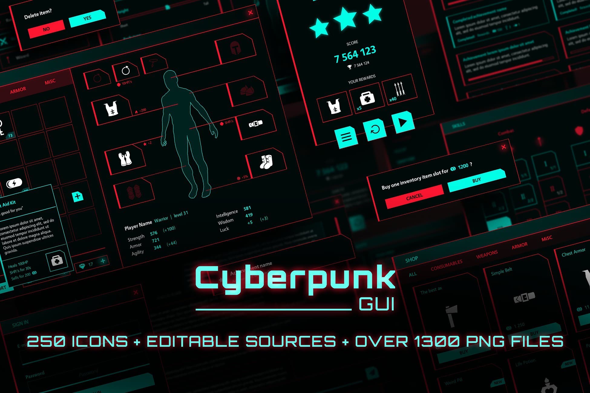 Cyberpunk GUI / UI Kit - over 1300 PNG, editable sources!