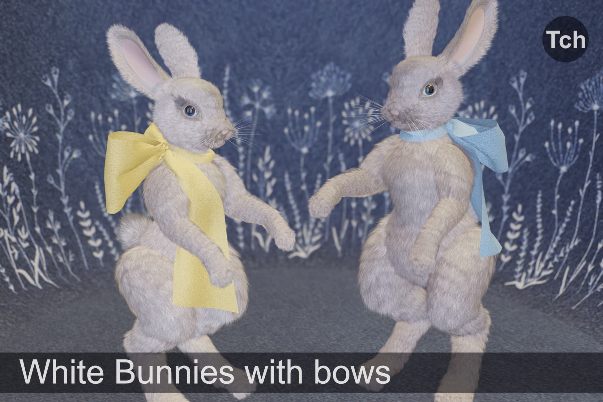 Mr and Mrs White Bunnies with bows (3D)