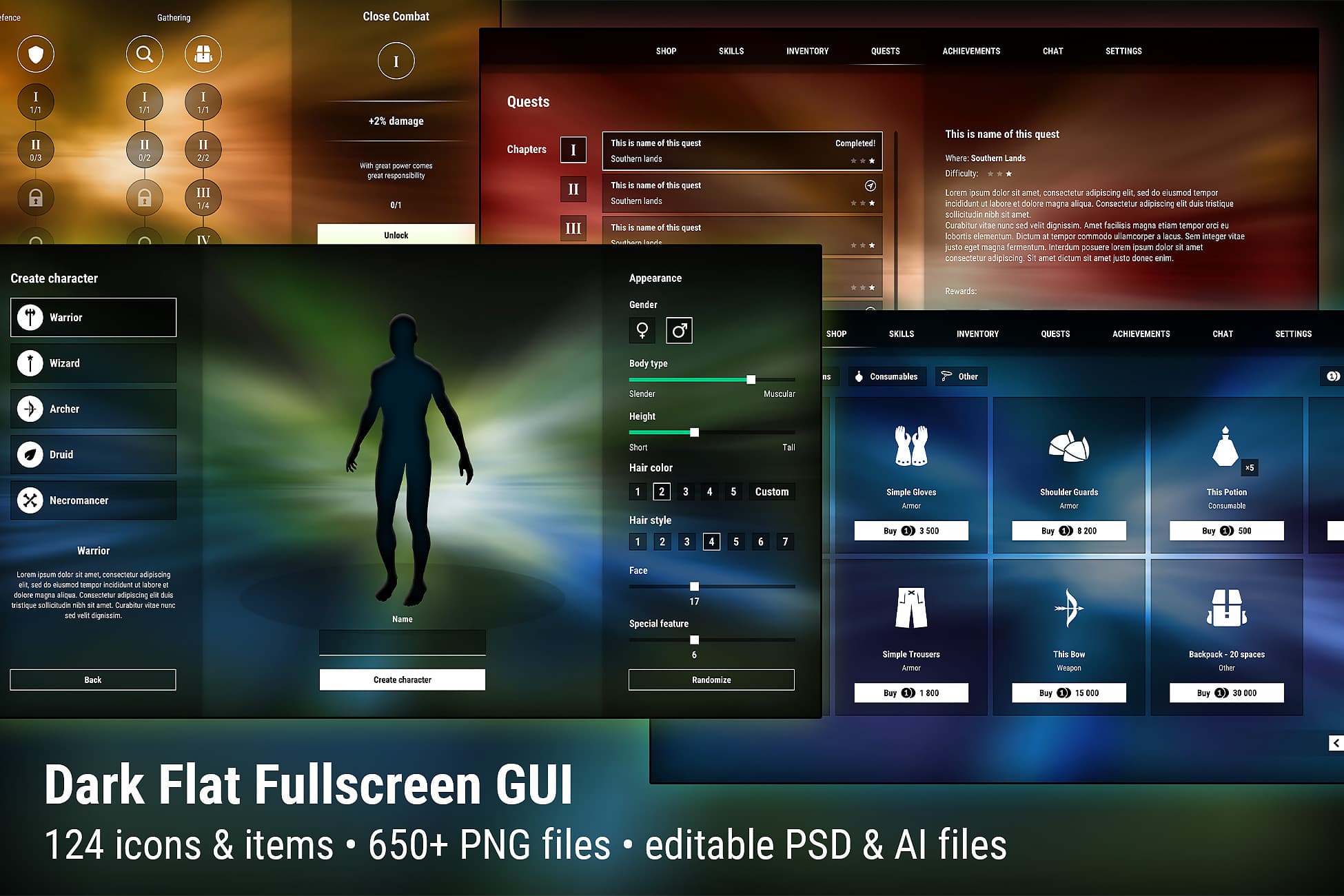 Dark Flat Fullscreen GUI / UI Kit - over 650 PNG!