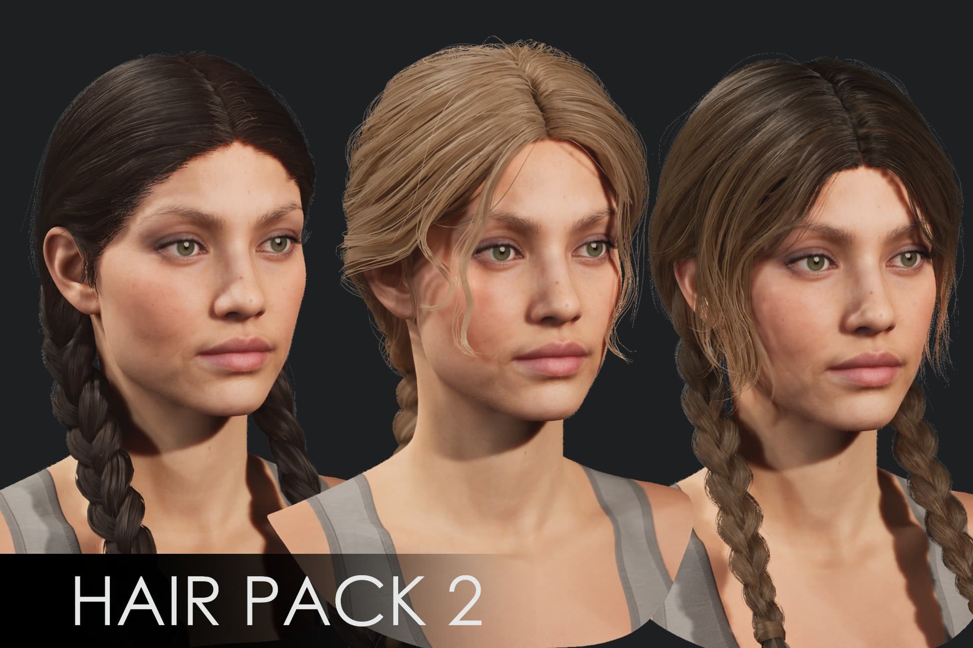 Realistic female hairstyles, pack #2 | Rigged hair, game-ready, low-poly