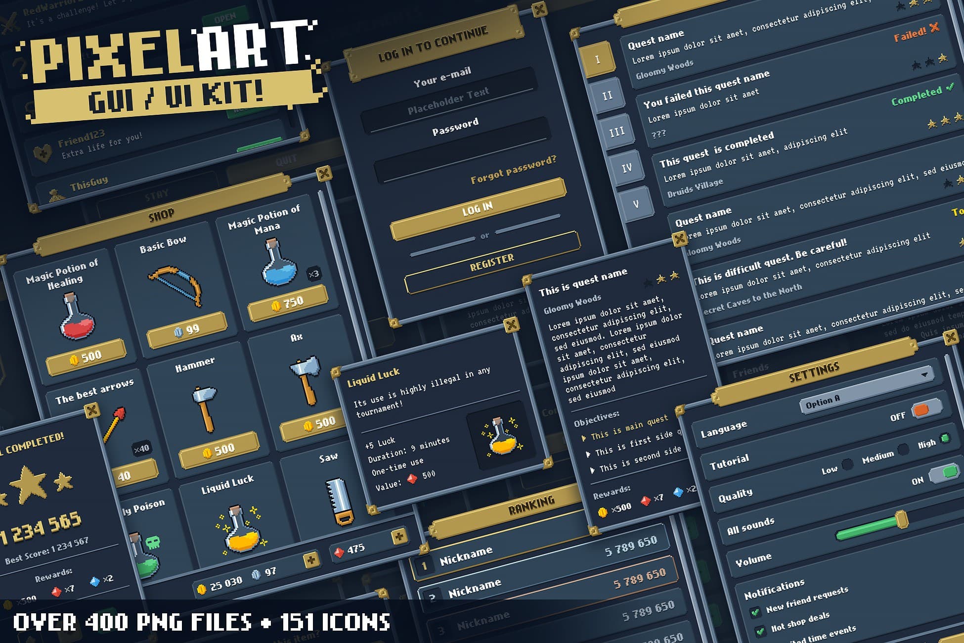 Pixel Art Full GUI / UI Kit + 151 icons!