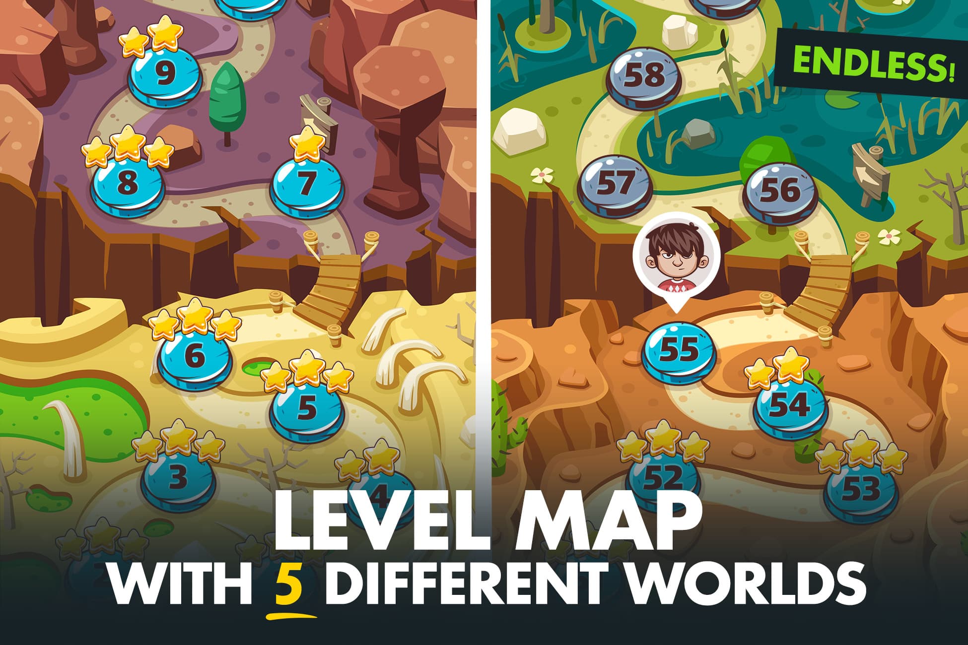 Game Level Map with 5 Different Worlds