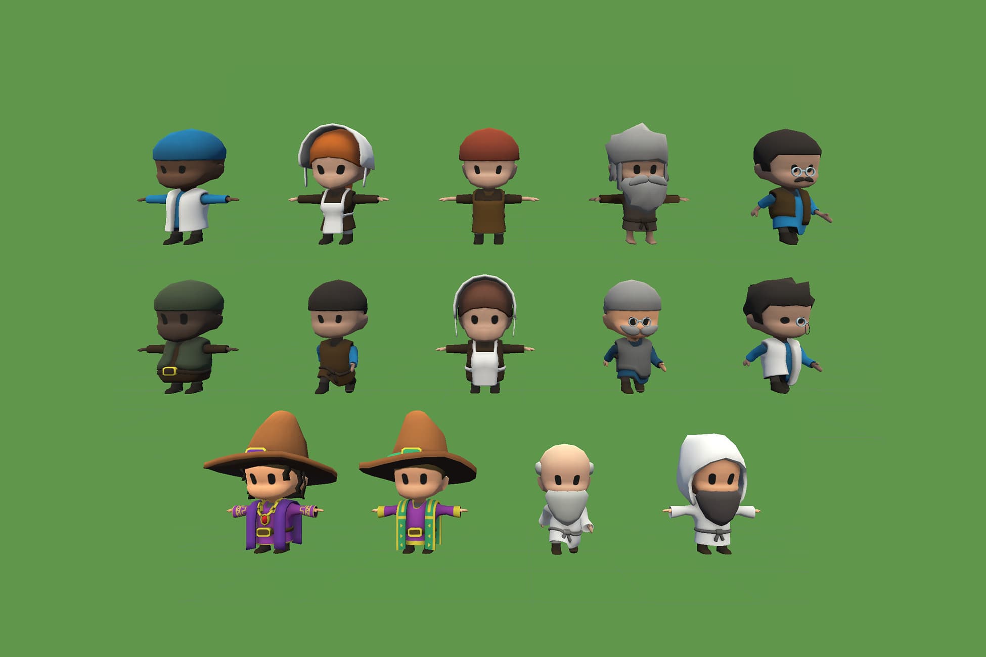 Stylized rigged low-poly medieval villagers, monks and mages characters