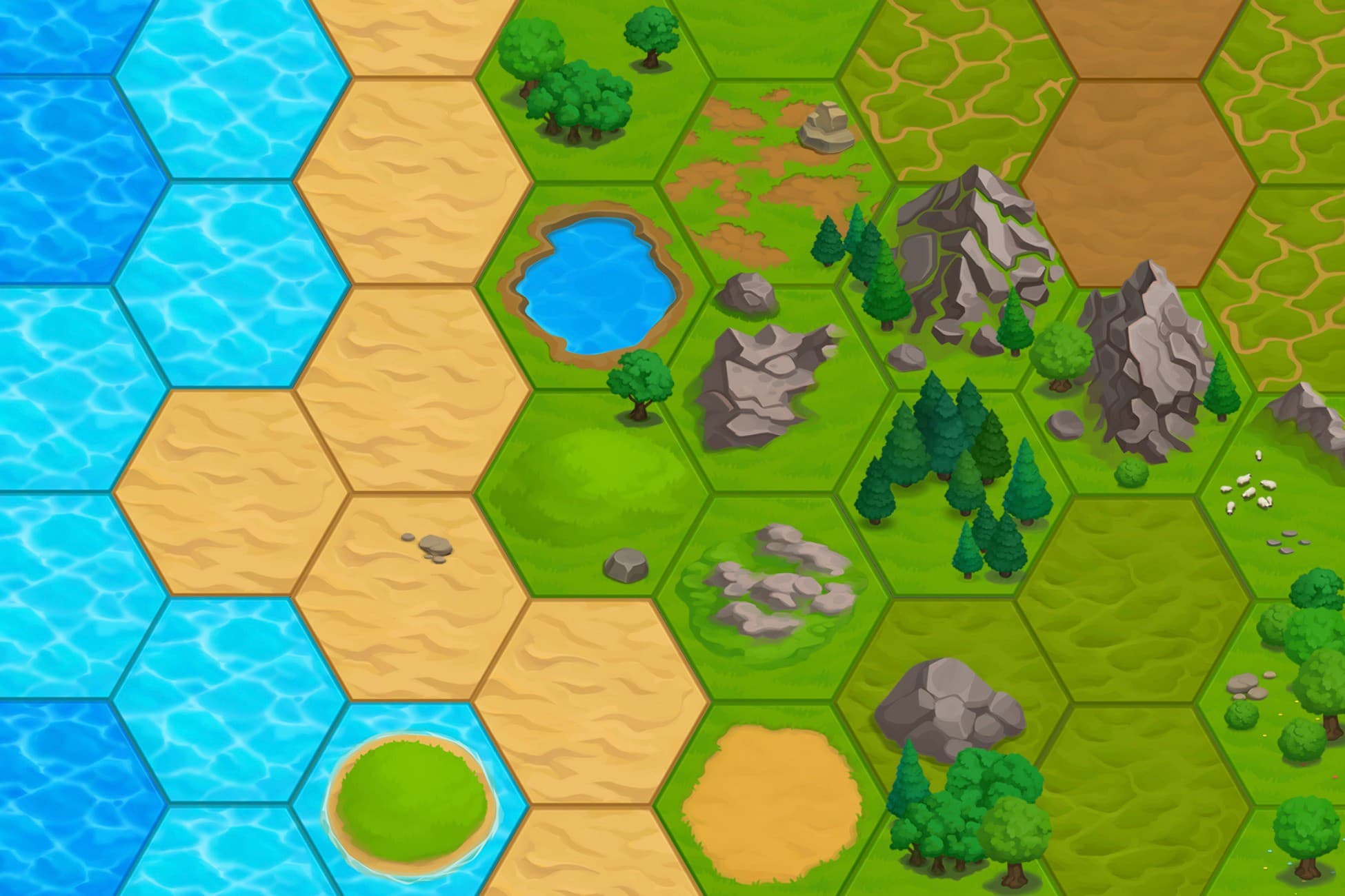 Stylized Hex Fields and Water Basic Set with Objects