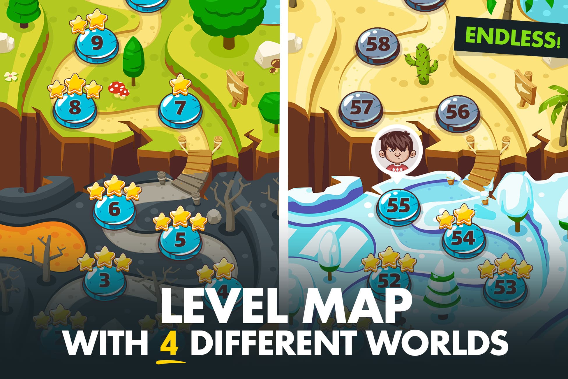 Game Level Map with 4 Different Worlds
